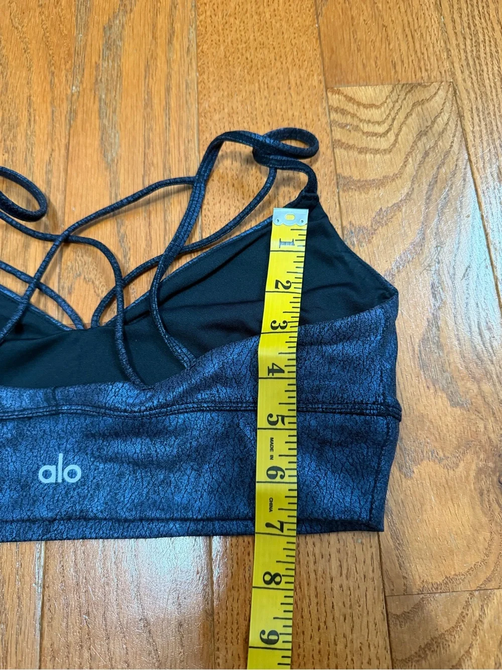 Alo Yoga Metallic Blue Black Strappy Sports Bra Bralette Criss Cross Back